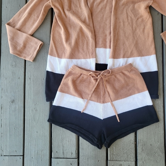 SABO Knit Lounge Set Mini Shorts Sweater Cardigan Striped Brown Black White XS - Picture 3 of 8